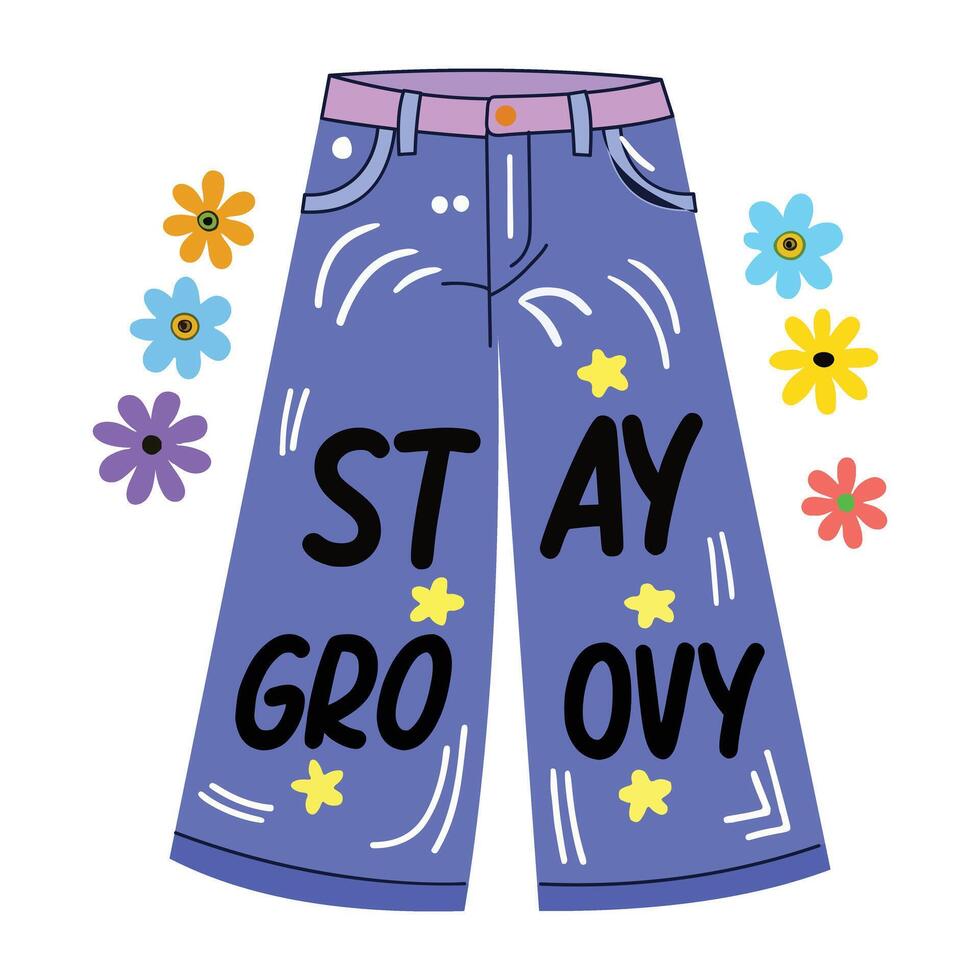 Hippie jeans with stay groovy typography, flat sticker vector
