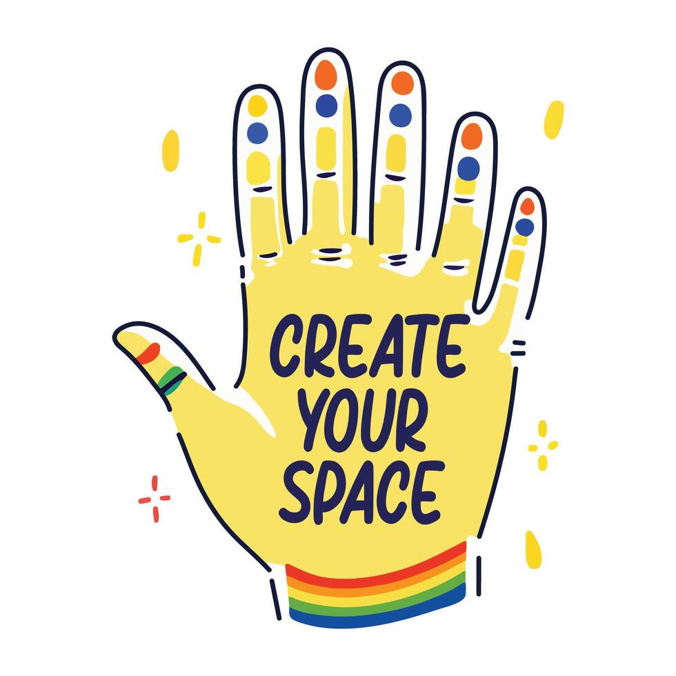 Hand palm with text create your space, flat style sticker vector