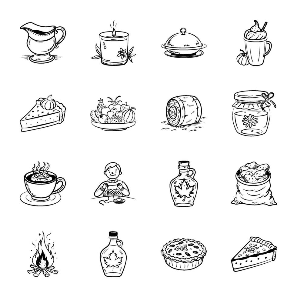 Bundle of Doodle Style Thanksgiving Festival Icons vector