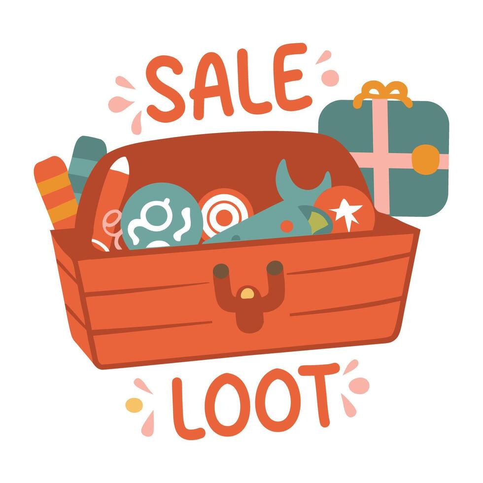 A flat sticker featuring a treasure chest filled with toys depicting sale loot vector