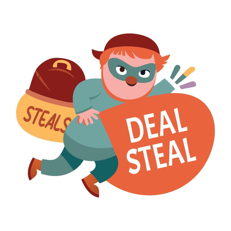 A flat sticker of a cartoon thief running away with a bag of stolen goods with deal stealer typography vector