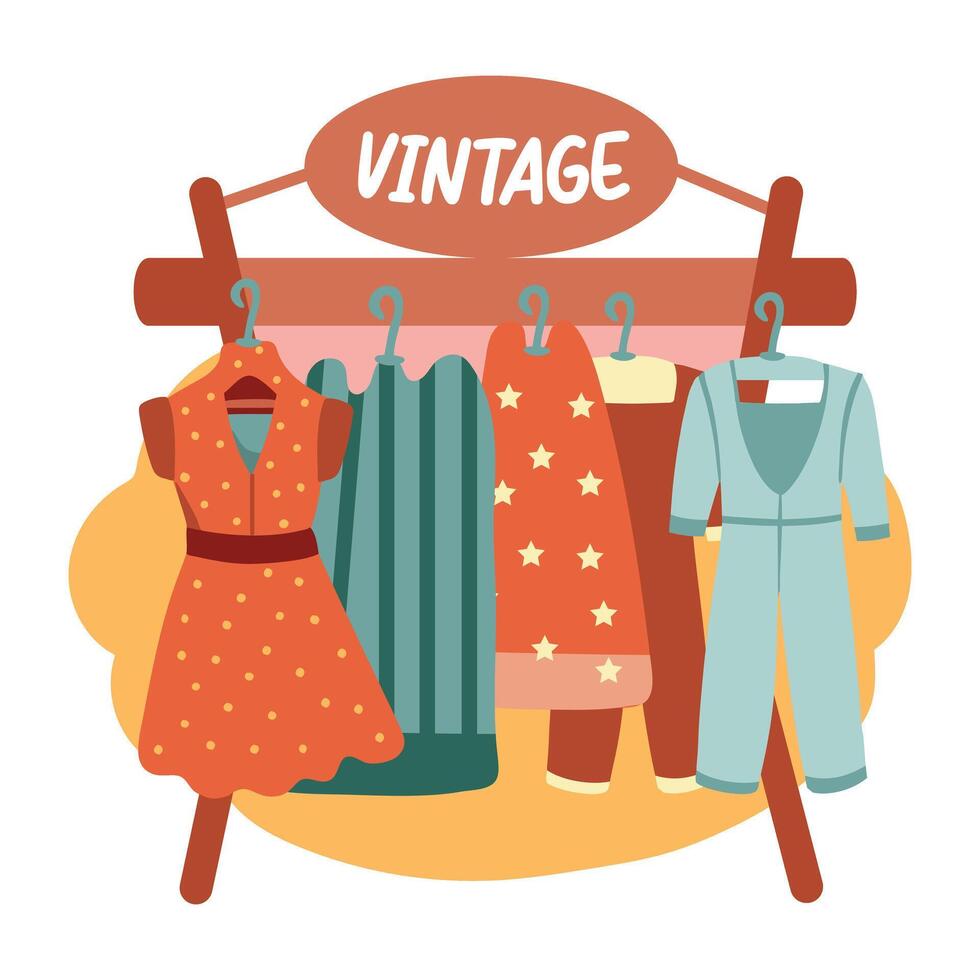 A flat sticker of a vintage clothing rack with various dresses hanging on it vector