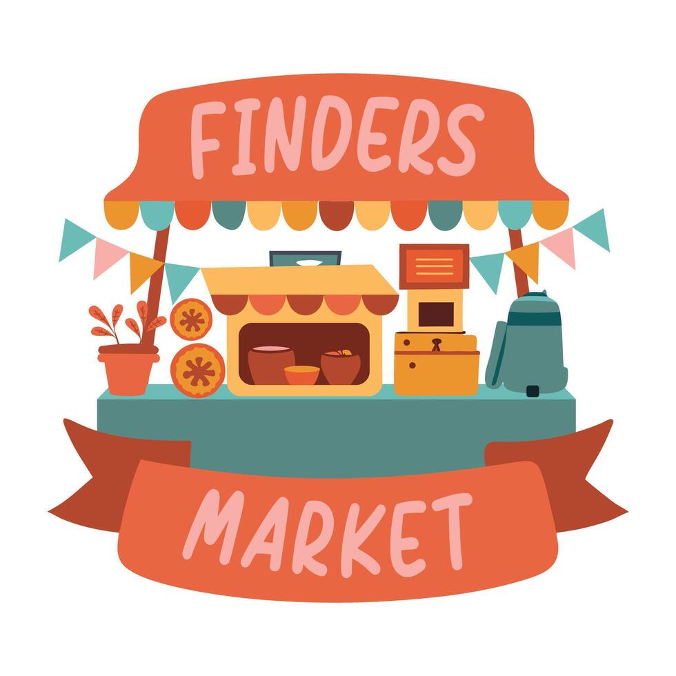A flat sticker of a market stall called Finders Market vector
