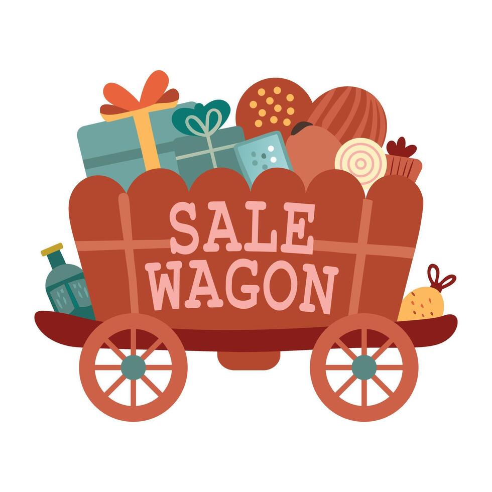 A flat sticker featuring a sale wagon filled with various items vector