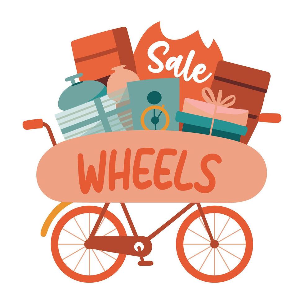 A flat sticker featuring a bicycle overflowing with items depicting wheels sale vector