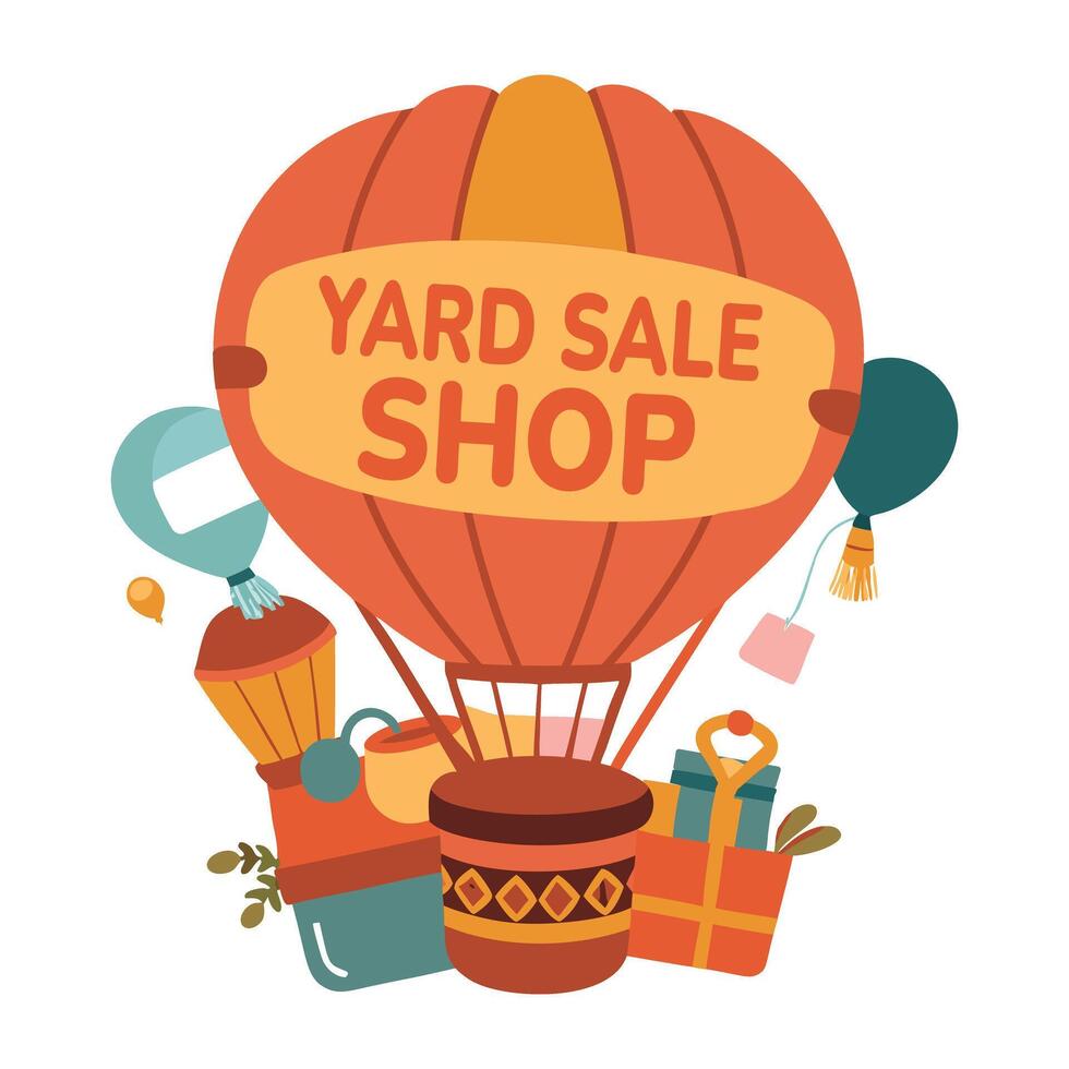 A flat sticker featuring a hot air balloon with yard sale shop typography vector