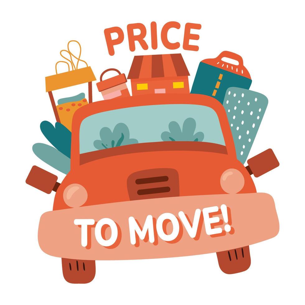 A flat sticker featuring a car loaded with boxes, perfect for a moving sale vector