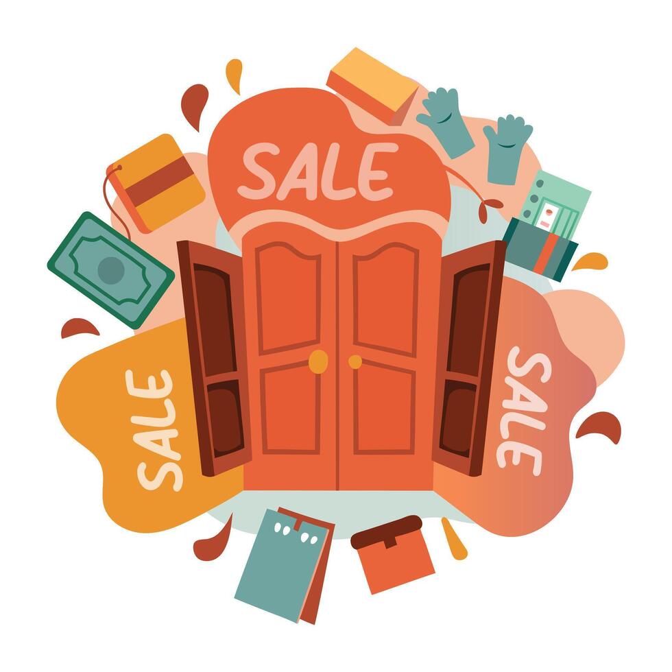 Flat sticker featuring an open door with various items surrounding it, perfect for doorway deals vector