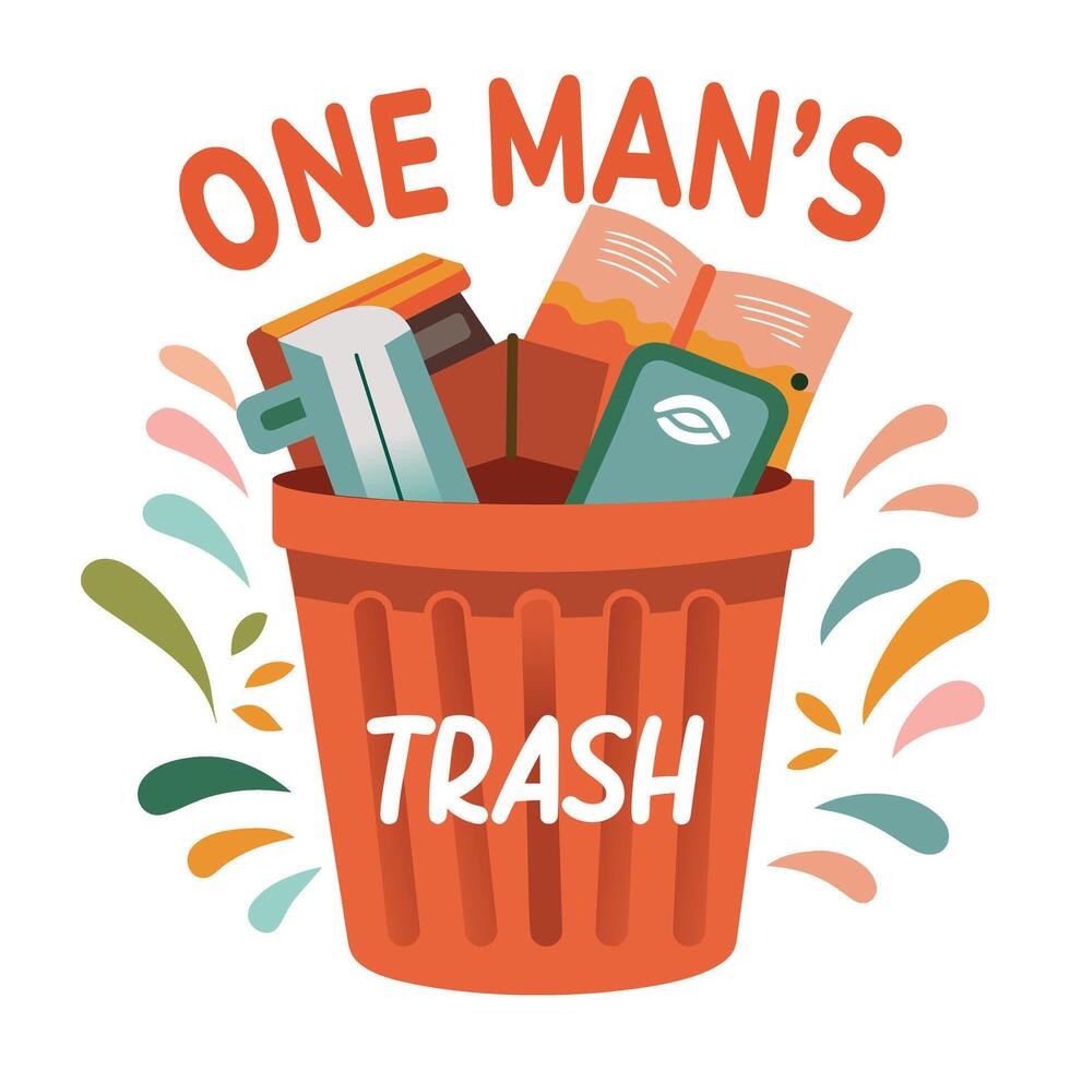 A flat sticker featuring a trash can filled with items, vector
