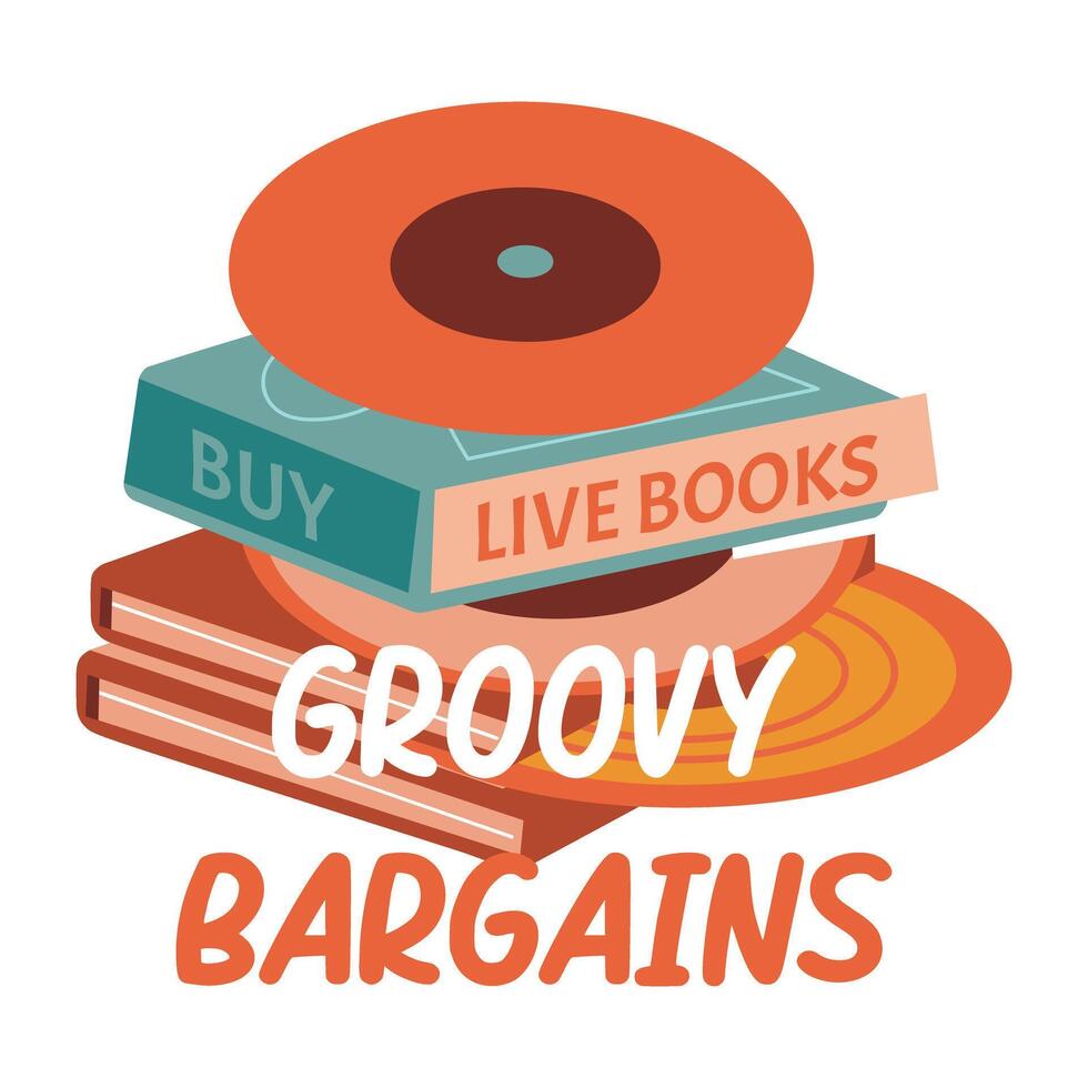 A flat sticker featuring a stack of vinyl records and books with groovy bargains typography vector
