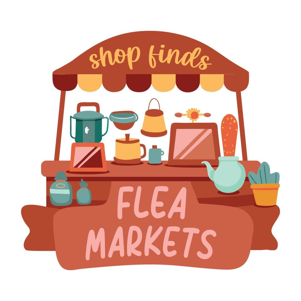 A flat sticker featuring a flea market stall vector