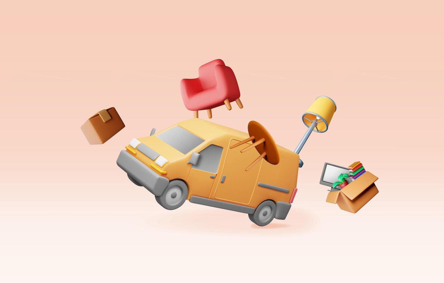 3D delivery van with home items isolated. Relocation to new home. Boxes with goods. Package transportation. Furniture, lamp, plant, books vector