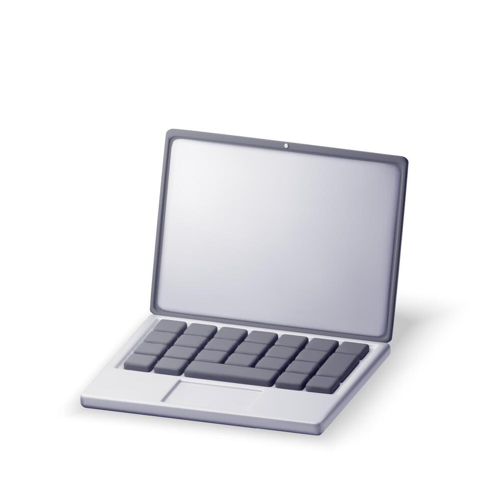 3D cartoon laptop computer isolated. Render notebook LCD display mock up with blank screen. Mobile computer device icon. vector