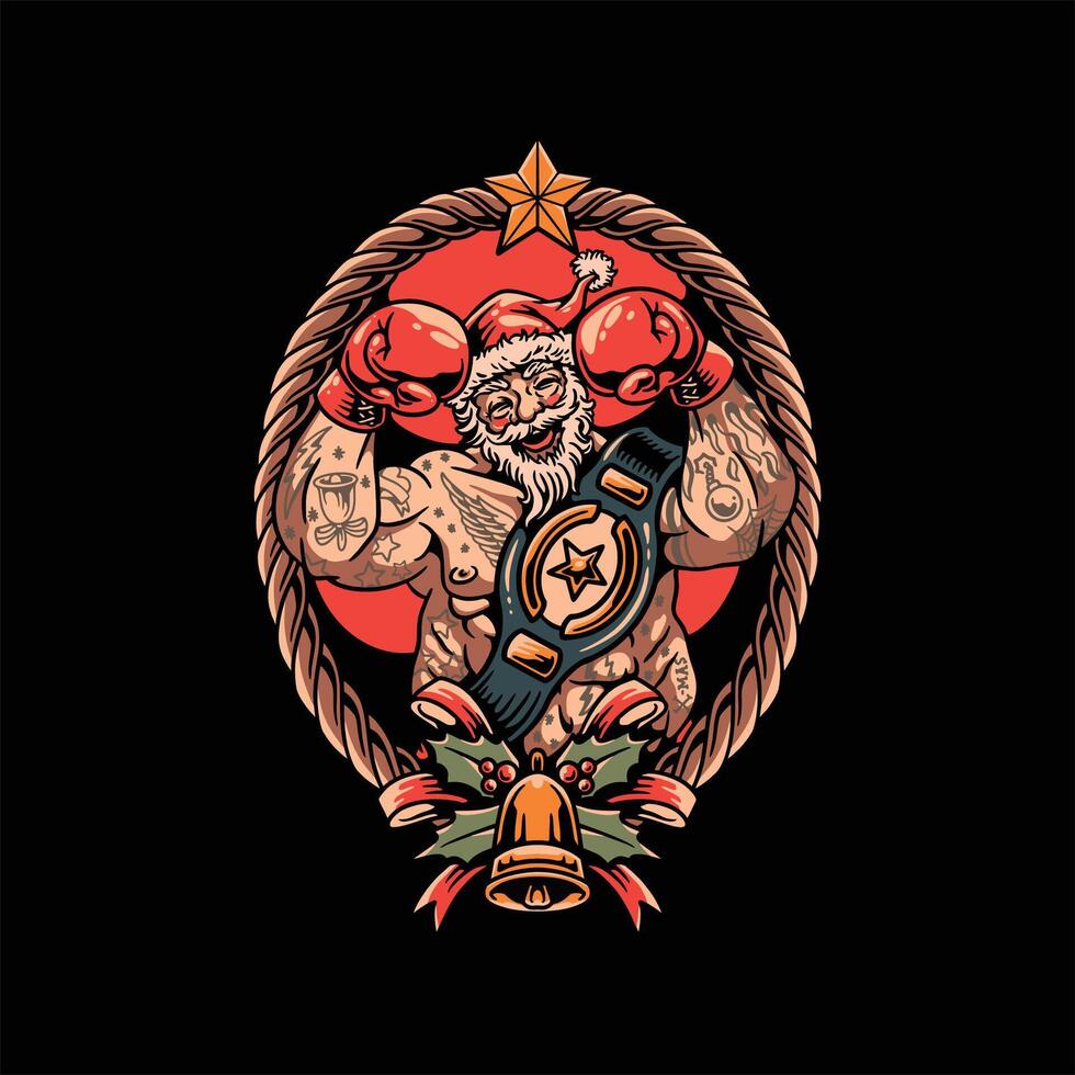 santa boxing tattoo design vector