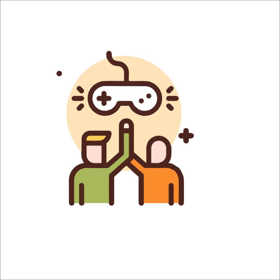Two people are holding up a controller with a game controller icon vector
