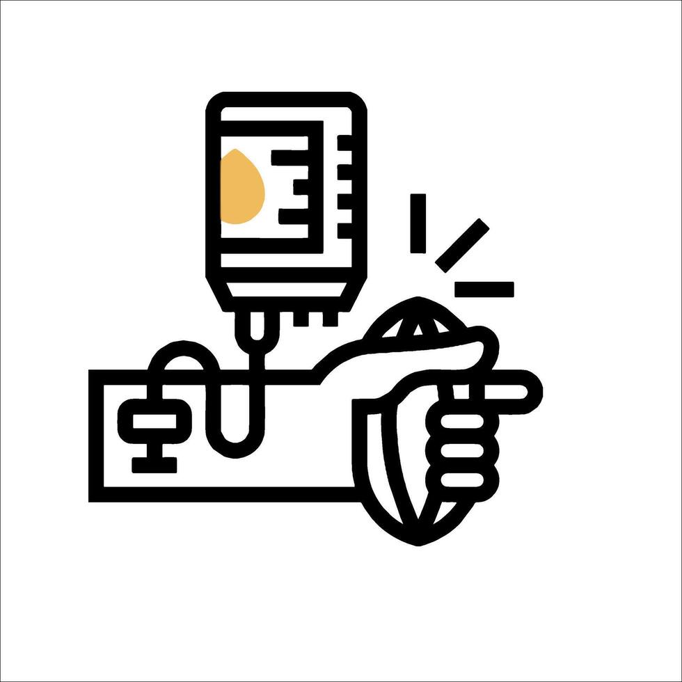 A hand holding a blood bag and a syringe vector