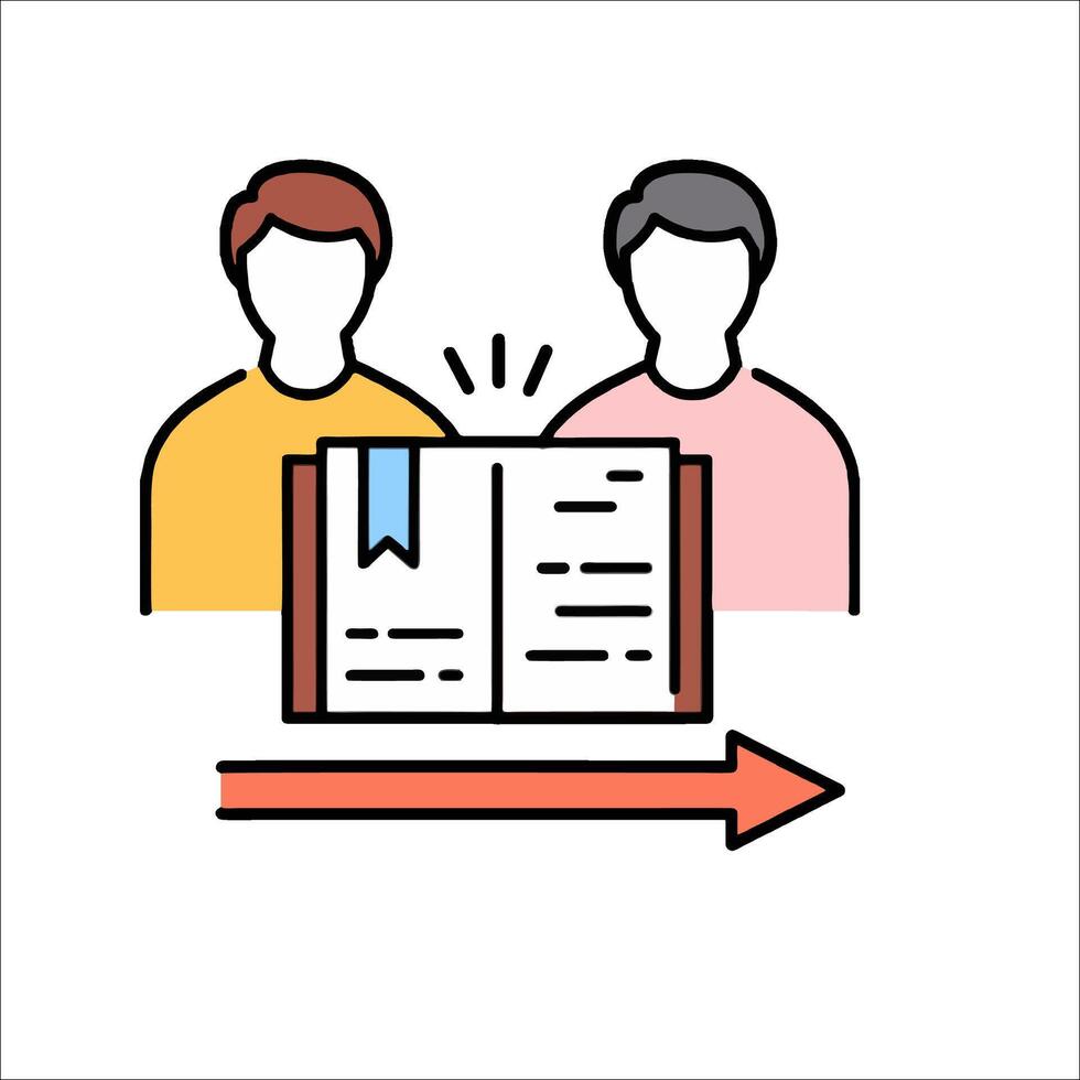 Two people are reading a book with an arrow pointing to it vector