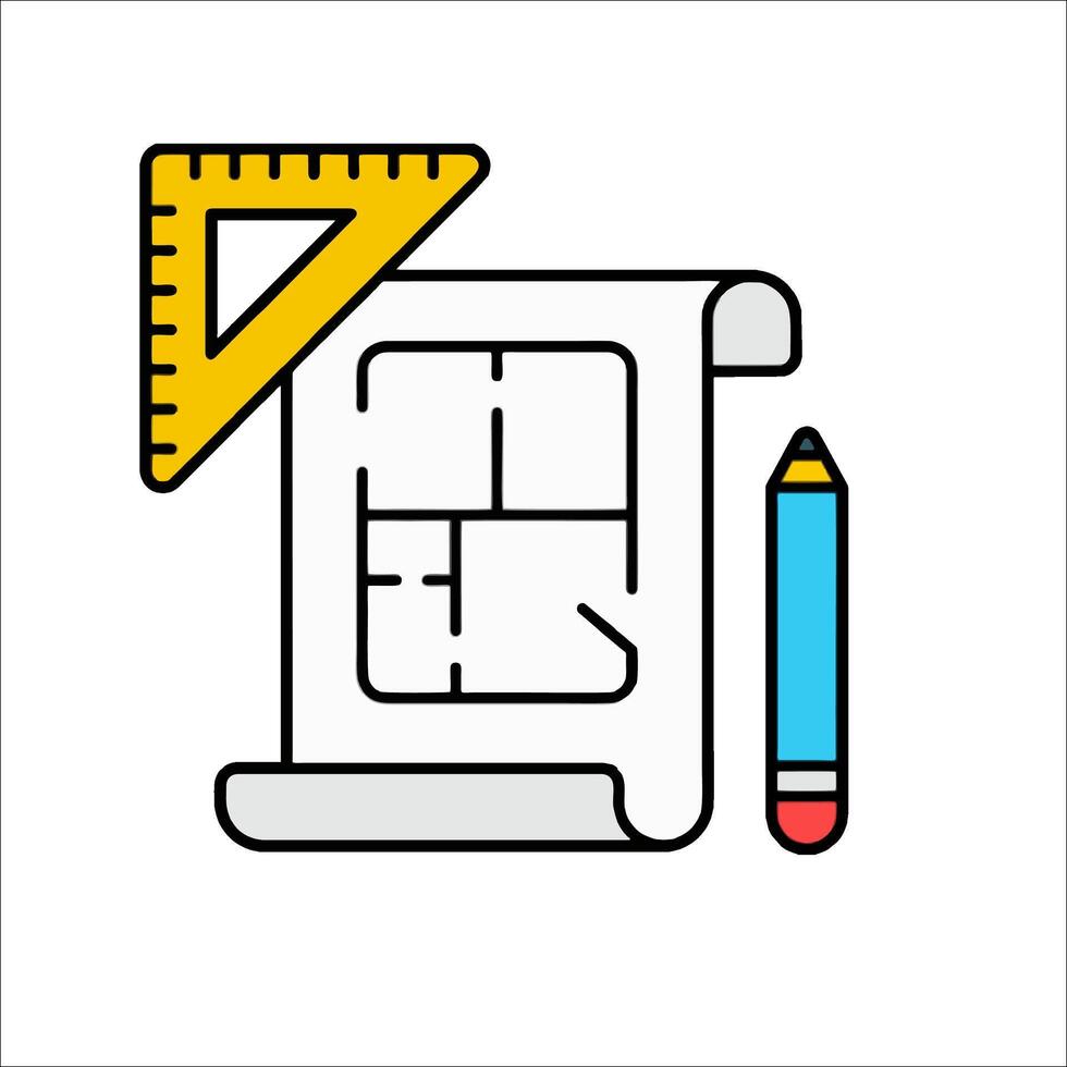 A drawing of a blueprint and pencil on a white background vector