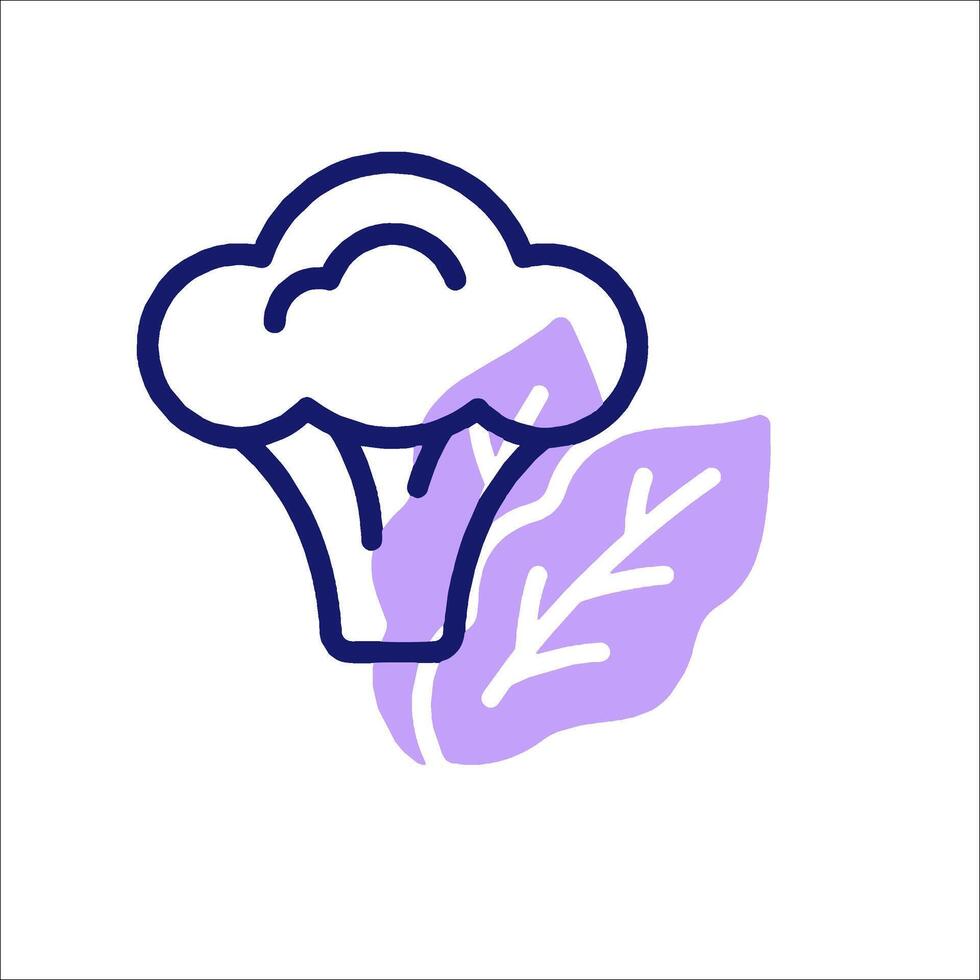 A purple and white icon of a broccoli and leaf vector