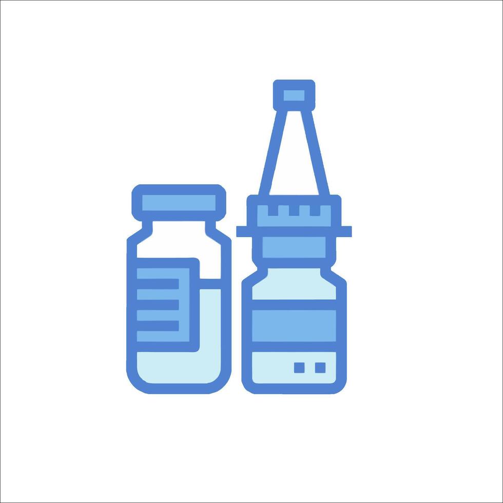 A bottle and a syringe are shown in a line vector