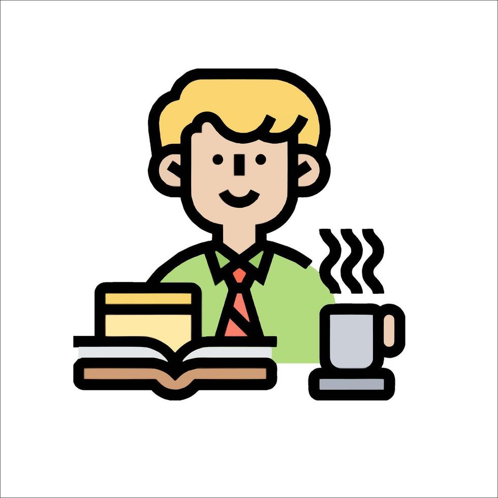 A man with a book and coffee is sitting at a desk vector