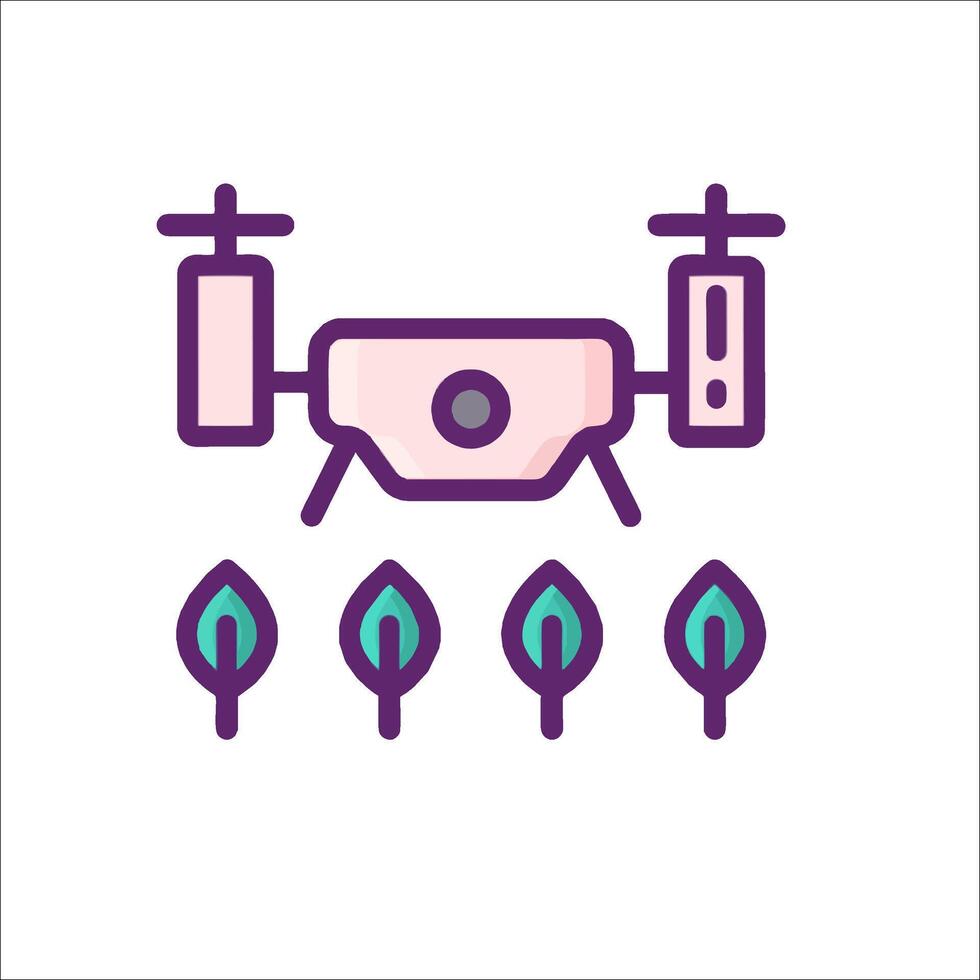 A purple and green drone flying over a field of plants vector