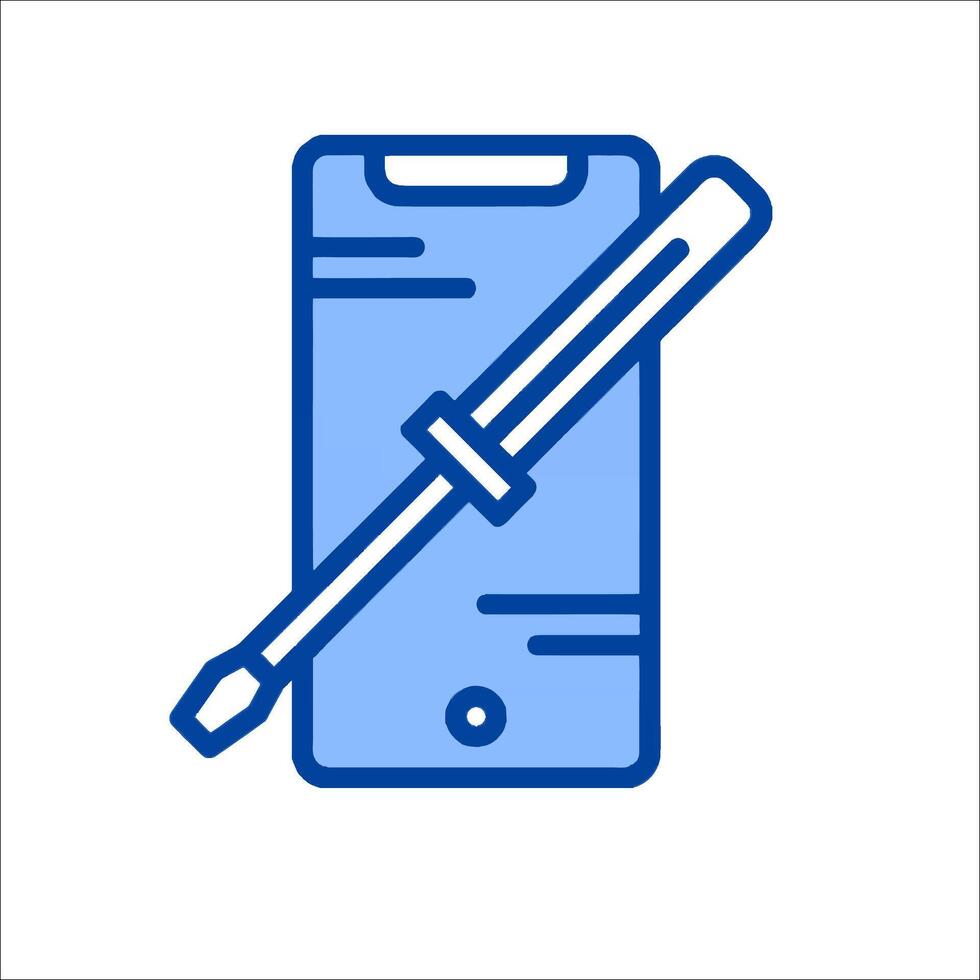 A blue outline icon of a phone with a pen vector