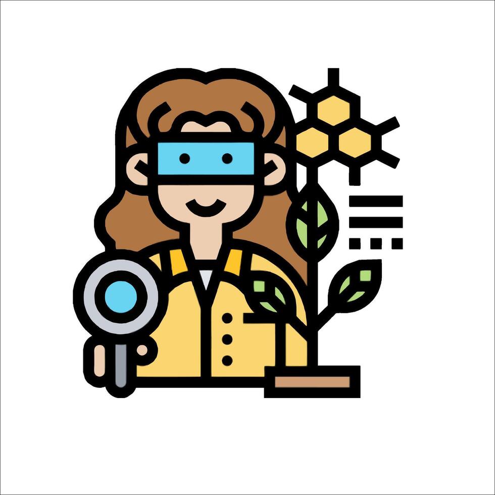 A woman holding a magnifying glass and looking at a plant vector