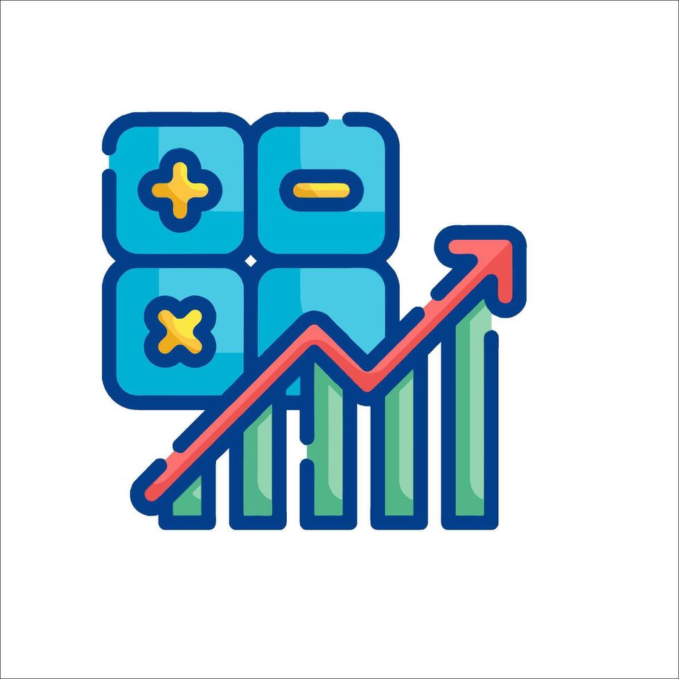 A graph with a bar going up and a calculator icon vector