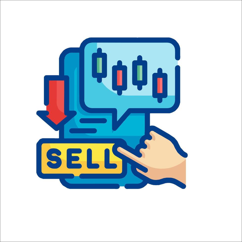 A hand pointing to a sell button on a box vector