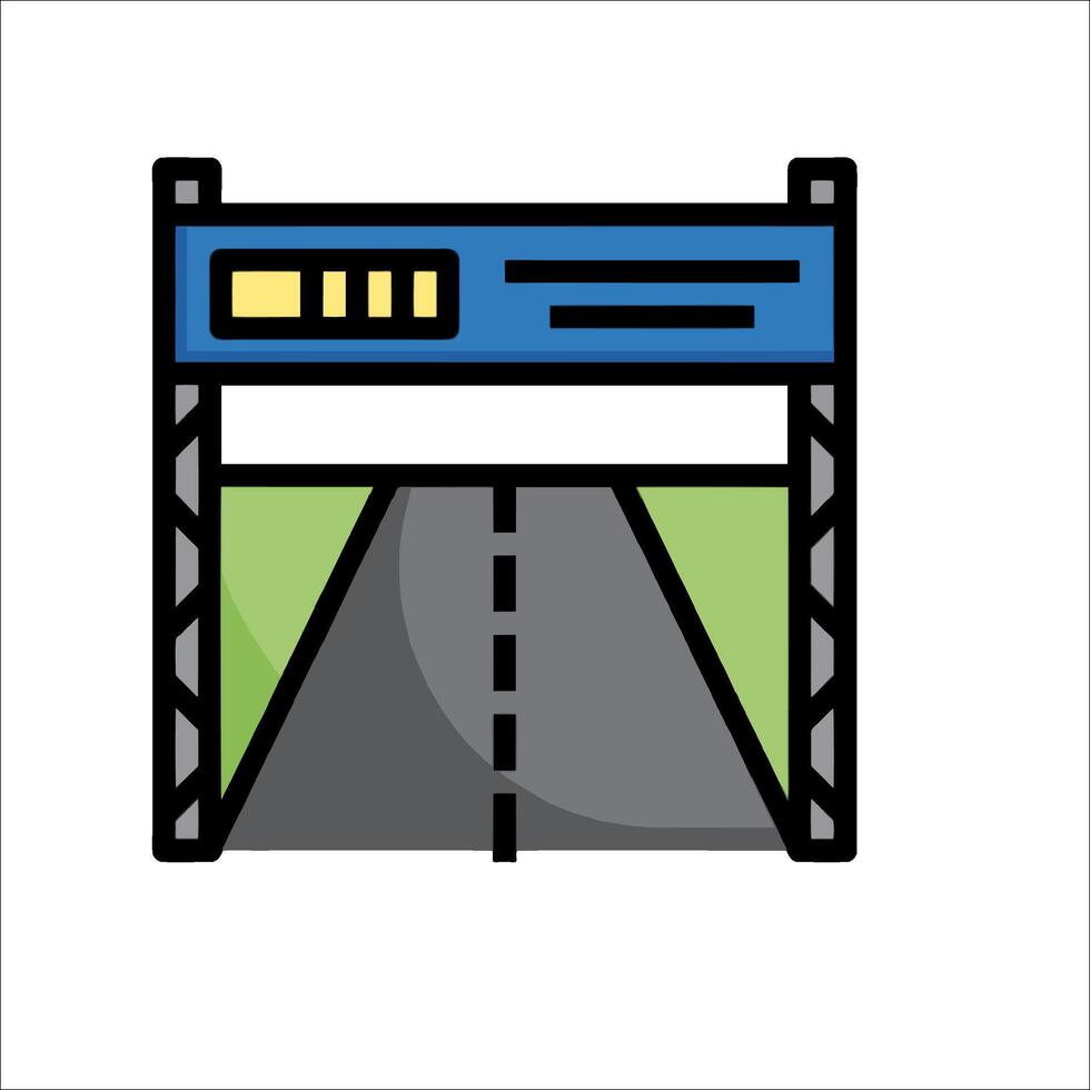 A blue and green sign with a road and a bridge vector