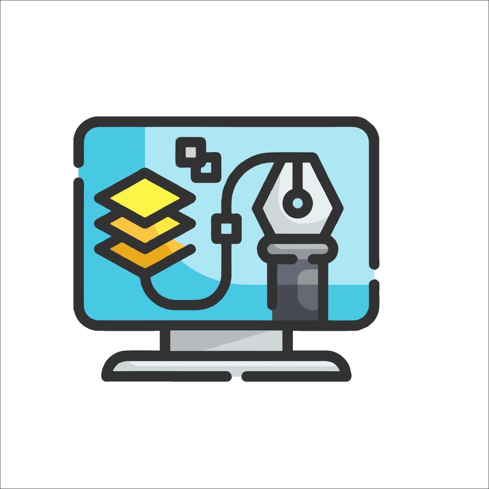 A computer with a pen and a yellow folder vector