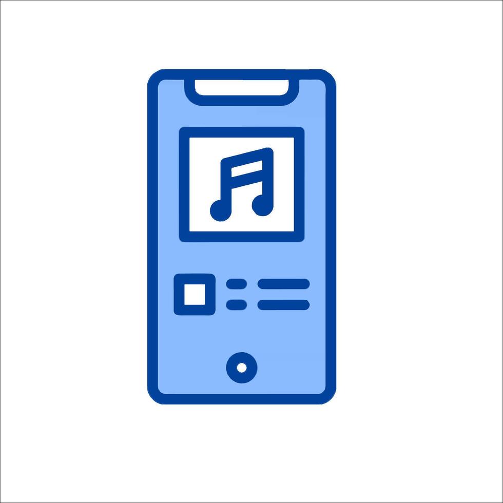 A blue and white icon of a cell phone with music notes vector