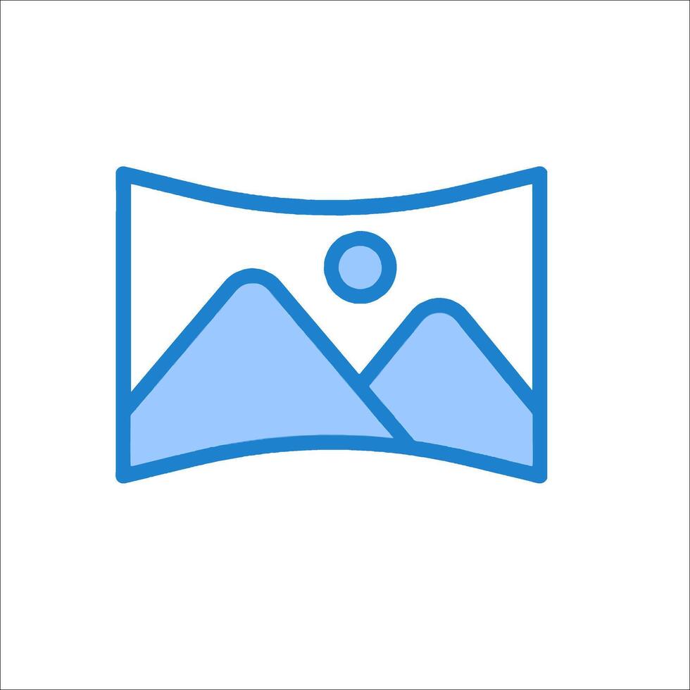 A blue and white icon with a mountain and sun vector