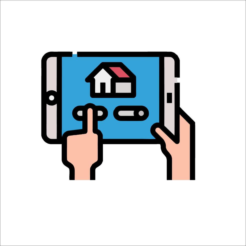 A hand holding a tablet with a house on it vector