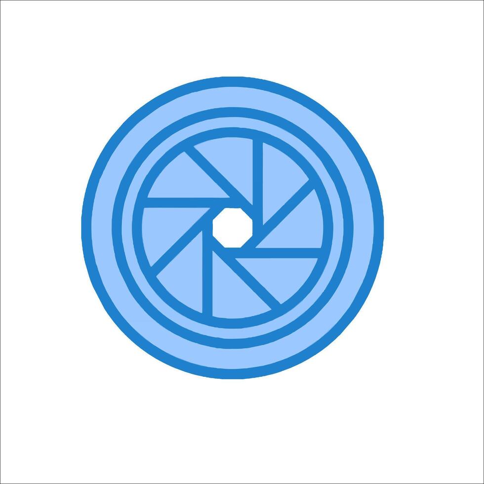 A blue and white icon of a camera lens vector