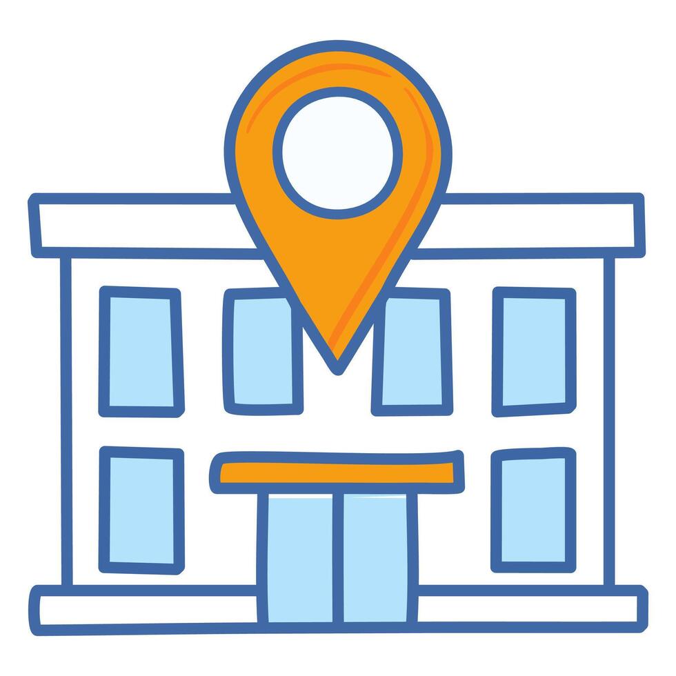 building with gps mark illustration graphic design in blue and orange. Location color icon. vector