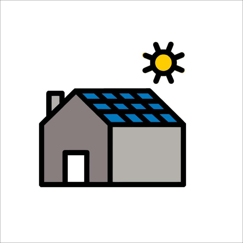 A house with solar panels on the roof and a sun vector