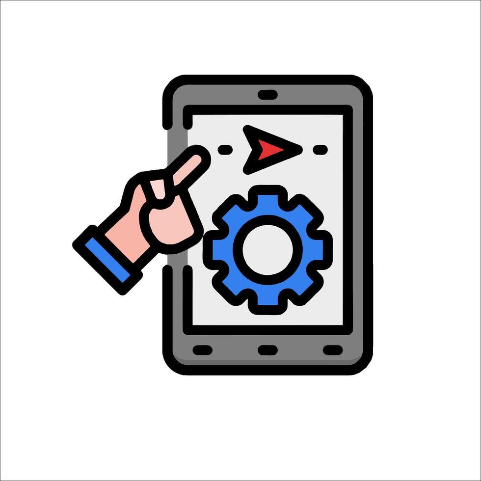 A hand pointing to a tablet with a gear wheel vector