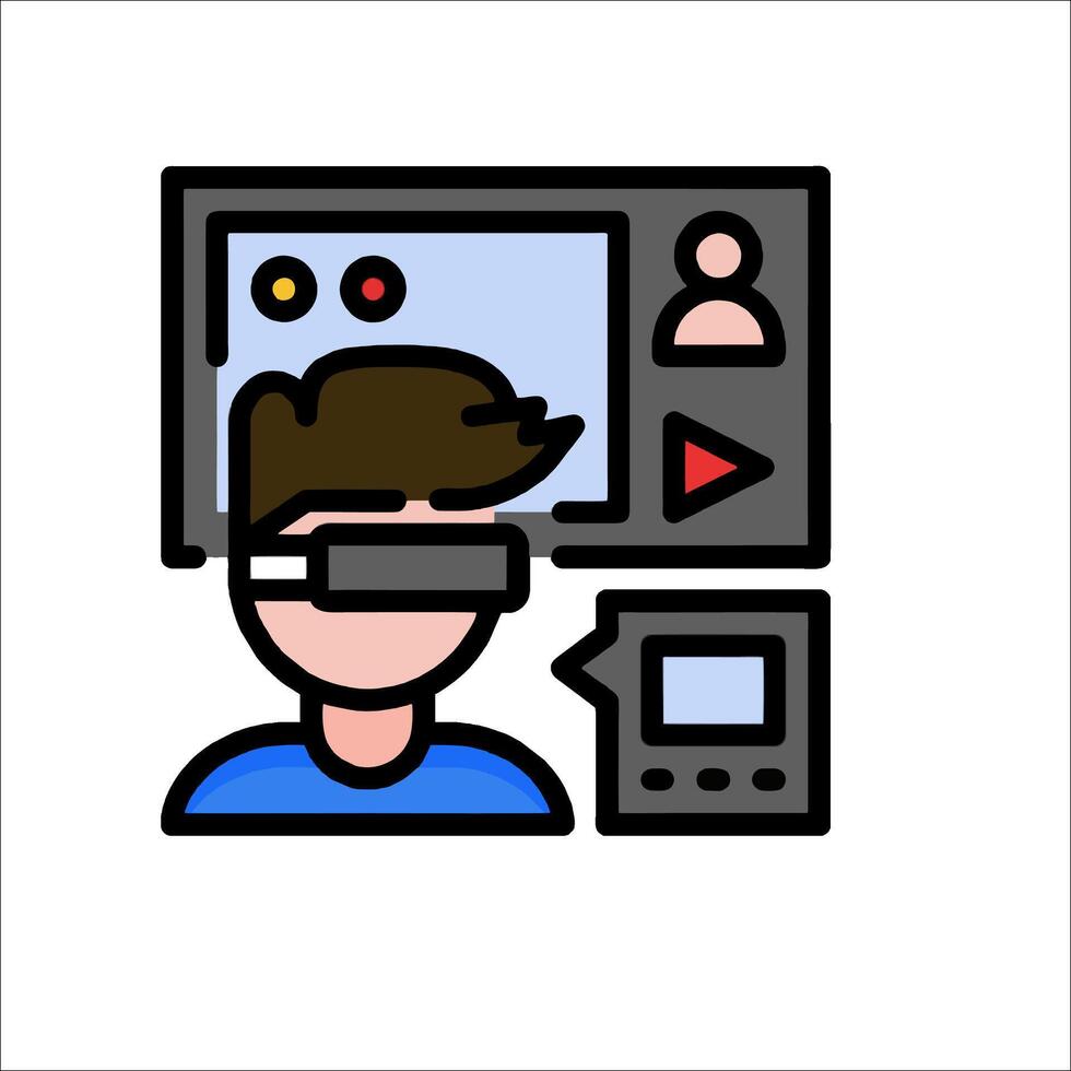 A man wearing a virtual reality headset and a screen vector