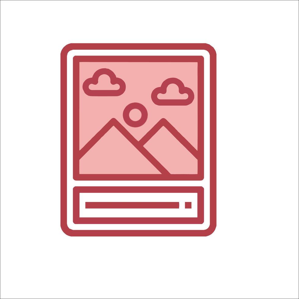A red icon of a computer screen with mountains and clouds vector