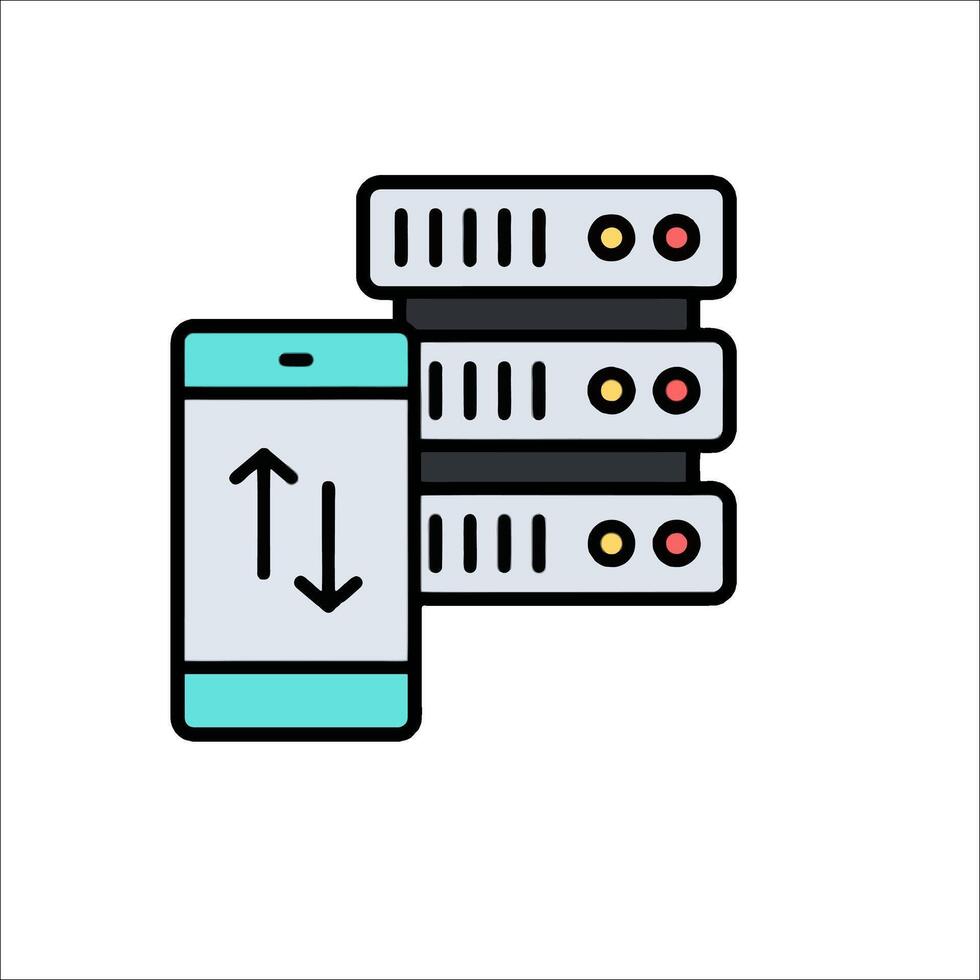A phone and a server with a green arrow vector