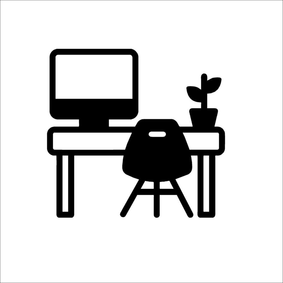 A black and white icon of a desk and computer vector
