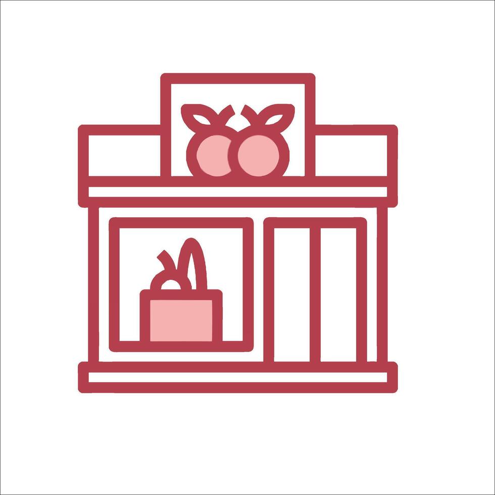 A red icon of a store with apples on the shelves vector