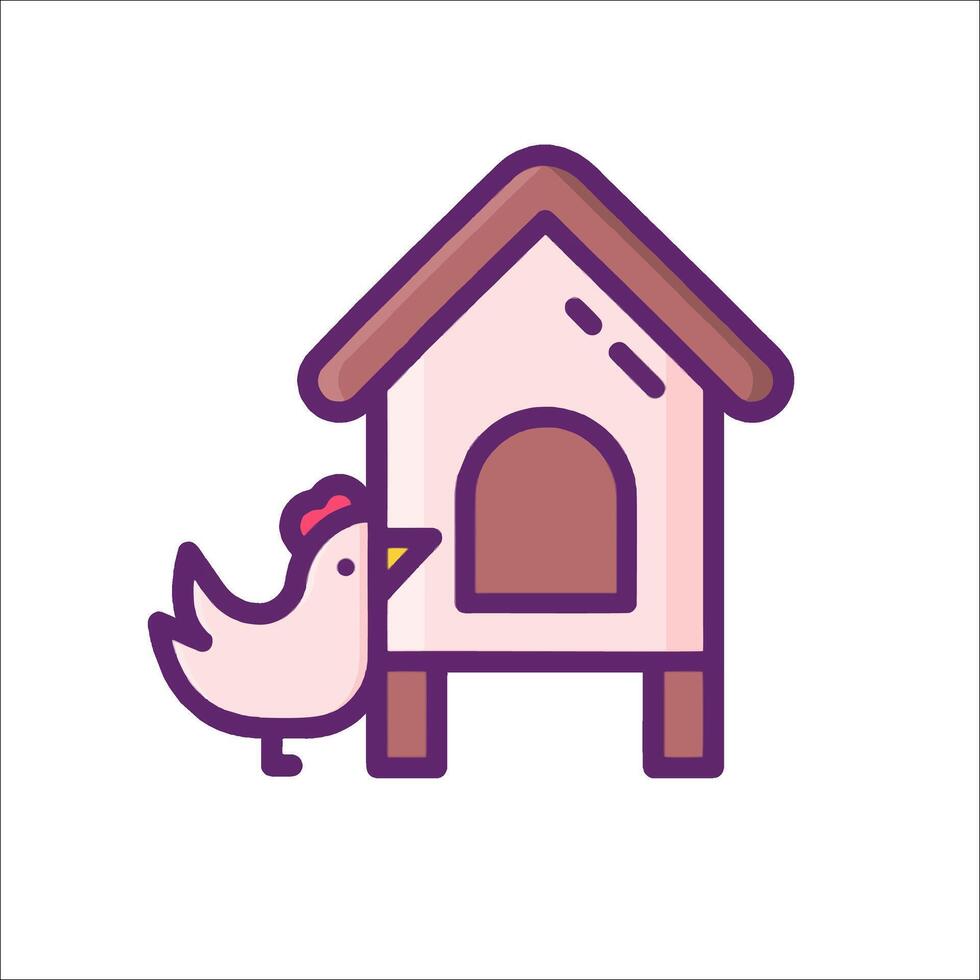 A chicken is standing next to a house with a bird inside vector