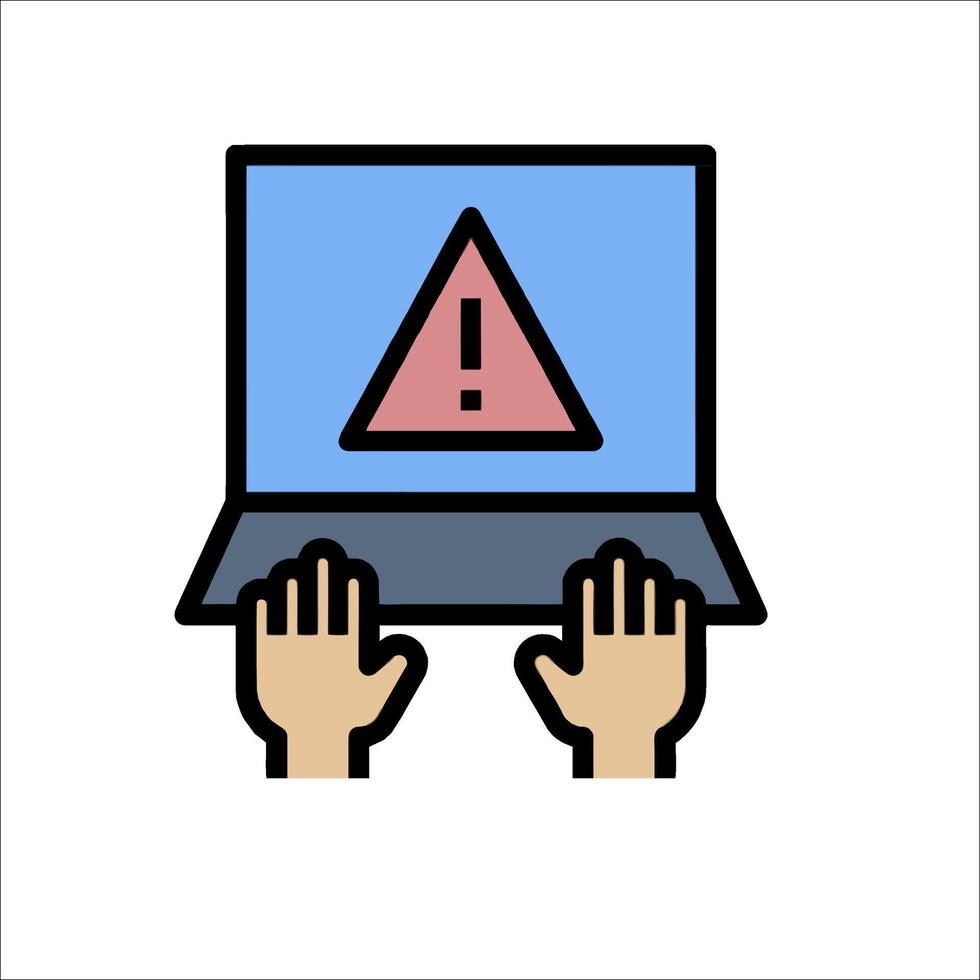 Hands holding a laptop with a warning sign on it vector