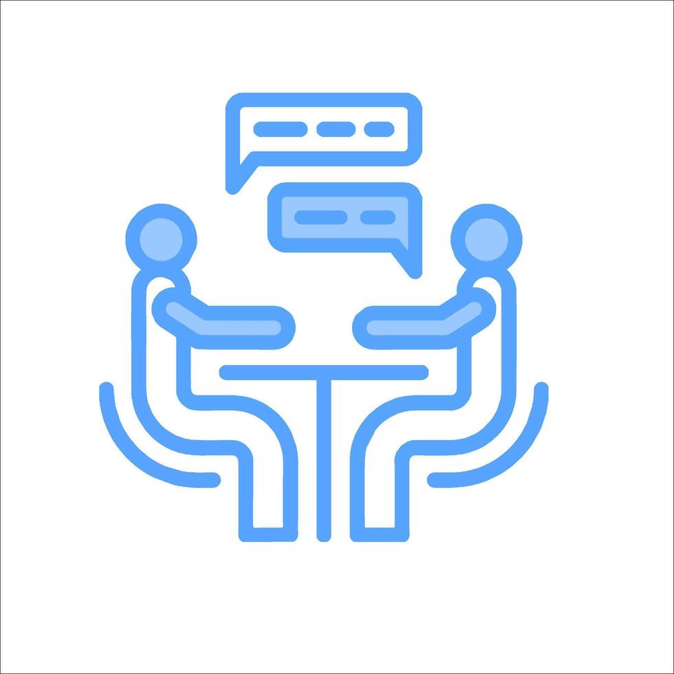 A blue line icon of two people sitting at a table vector