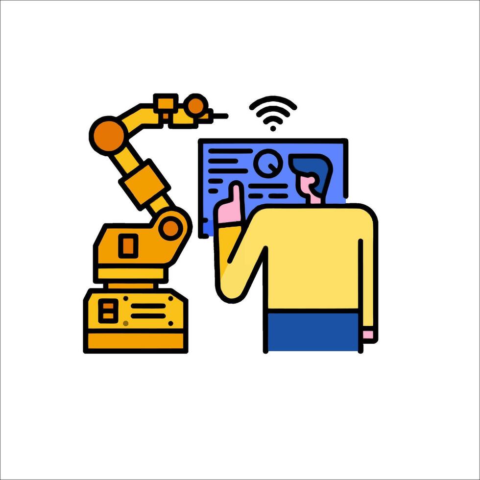 A robot is holding a tablet and pointing at a person vector