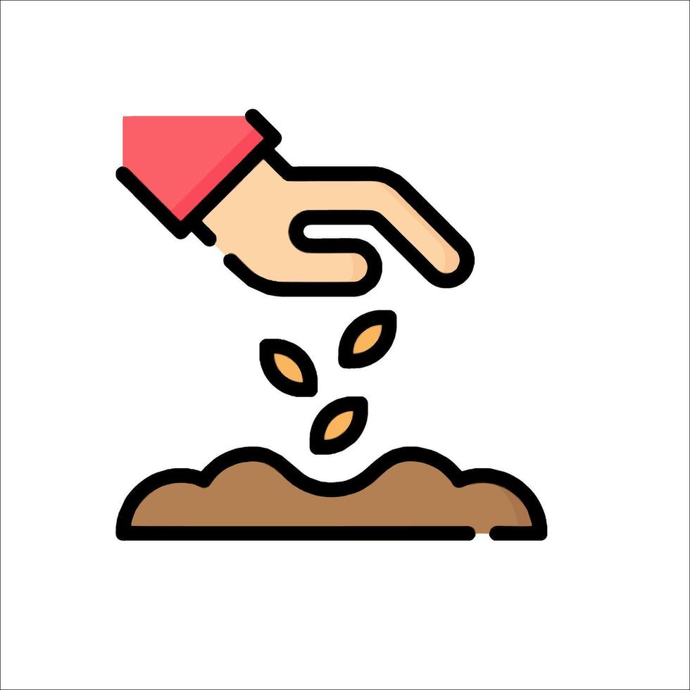 A hand is pouring seeds into a dirt pile vector