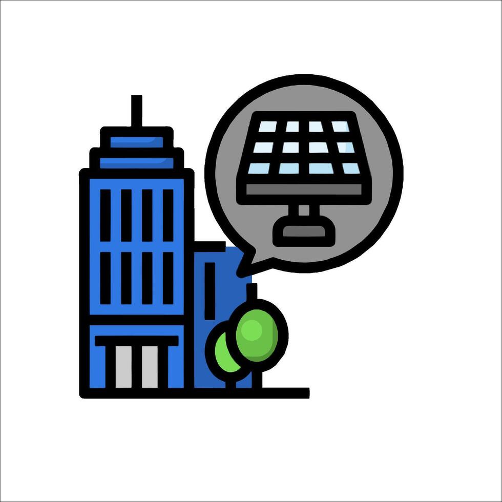 A building with a solar panel on top and a speech bubble vector